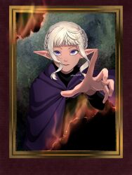 Rule 34 | 1boy, asagi haduki, black shirt, blunt bangs, braid, burning, cloak, dungeon meshi, elf, fire, french braid, grey hair, hand up, highres, long sleeves, looking at viewer, male focus, outstretched arm, painting (object), pointy ears, portrait (object), purple cloak, purple eyes, reaching, reaching towards viewer, red background, shirt, solo, thistle (dungeon meshi), through medium, through painting, twin braids, twitter username, updo, upper body, white hair
