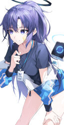 Rule 34 | 1girl, absurdres, black shirt, blue archive, blue eyes, blue jacket, blush, bottle, commentary request, gym uniform, halo, hand on own thigh, herigaru (fvgyvr000), highres, jacket, long hair, official alternate costume, parted lips, plastic bottle, purple hair, shirt, short sleeves, simple background, smile, solo, standing, star sticker, sticker on face, sweat, track jacket, water bottle, white background, yuuka (blue archive), yuuka (track) (blue archive)