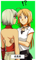 Rule 34 | !?, 2girls, 428, ahoge, androgynous, backless outfit, bare shoulders, blonde hair, brown eyes, canaan (character), canaan (series), choker, chunsoft, jewelry, long hair, mori (unknown.), multiple girls, oosawa maria, ponytail, reverse trap, short hair, sleeveless, sleeveless turtleneck, surprised, translation request, turtleneck, white hair, yuri