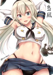 Rule 34 | 10s, 1girl, aged up, alternate breast size, anchor hair ornament, armpits, arms behind head, black neckerchief, black panties, blonde hair, blue eyes, blush, breasts, crop top, elbow gloves, female focus, gloves, grey eyes, hair ornament, hairband, highleg, highleg panties, highres, ichikawa feesu, kantai collection, large breasts, long hair, looking at viewer, microskirt, midriff, navel, neckerchief, open mouth, panties, school uniform, serafuku, shimakaze (kancolle), simple background, skirt, smile, solo, stomach, striped clothes, striped thighhighs, thighhighs, twitter username, underwear, white background, white gloves