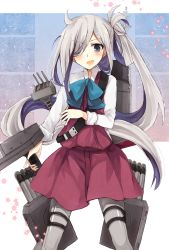 Rule 34 | 10s, 1girl, ahoge, asashimo (kancolle), bad id, bad pixiv id, hair over one eye, highres, kantai collection, kinona, long hair, open mouth, pantyhose, ponytail, school uniform, silver hair, smile, solo, very long hair