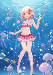 Rule 34 | 1girl, air bubble, bare arms, bare shoulders, bikini, bikini skirt, blush, bow, braid, breasts, bubble, cherry blossom print, cherry blossoms, cleavage, collarbone, fish, floral print, flower, frilled bikini, frills, full body, hair between eyes, hair flower, hair ornament, highres, jellyfish, long hair, looking at viewer, navel, open mouth, original, petals, pink bikini, pink hair, red bow, red eyes, red ribbon, ribbon, ribbon-trimmed bikini, ribbon trim, second-party source, simoncreativetw, single braid, small breasts, solo, stomach, swimsuit, underwater, wrist cuffs