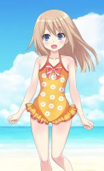 Rule 34 | 1girl, absurdres, achmad faisal, beach, blue eyes, blush, breasts, brown hair, commission, flat chest, highres, knees, legs, neptune (series), ocean, one-piece swimsuit, open mouth, ram (neptunia), ribbon, sky, small breasts, solo, swimsuit, thighs