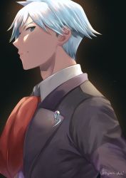 Rule 34 | 1boy, black background, black jacket, blue eyes, closed mouth, collared shirt, creatures (company), fujimori shiki, game freak, highres, jacket, looking to the side, male focus, nintendo, pokemon, pokemon rse, profile, red neckwear, shirt, short hair, silver hair, smile, solo, steven stone, twitter username, upper body, wing collar