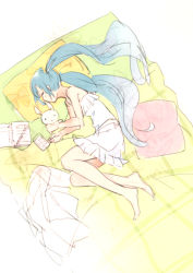 Rule 34 | 1girl, aqua hair, barefoot, blush, book, closed mouth, closed eyes, hatsune miku, long hair, lying, notebook, on bed, on side, open book, pillow, sketch, sleeping, solo, stuffed animal, stuffed rabbit, stuffed toy, tanaka (colorcorn), twintails, vocaloid