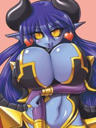 Rule 34 | 1girl, astaroth (shinrabanshou), bad id, bad pixiv id, black sclera, blue hair, blue skin, blush, breasts, breasts squeezed together, colored sclera, colored skin, demon girl, earrings, eyebrows, gold trim, heart, heart earrings, horns, huge breasts, jewelry, kuma (kumahoihoi), long hair, long tongue, pointy ears, purple hair, shinrabanshou, solo, tongue, tongue out, yellow eyes