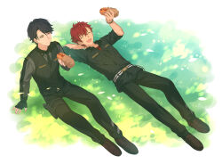 Rule 34 | 2boys, belt, black gloves, black hair, black necktie, black pants, black shirt, bracelet, brad beams, brown footwear, buttons, closed mouth, collared shirt, commentary request, food, full body, gloves, grass, helios rising heroes, highres, holding, holding food, jewelry, long sleeves, looking at another, lying, male focus, multiple boys, necktie, on back, on grass, one eye closed, open collar, open mouth, otori akira, pants, partial commentary, purple eyes, red hair, sekina, shirt, short hair, sitting, split mouth, teeth, upper teeth only, vest