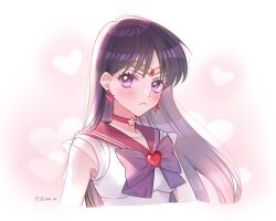 Rule 34 | +1 (yakusoku0722), 1girl, arms at sides, artist logo, bare arms, bishoujo senshi sailor moon, black hair, bow, bowtie, choker, closed mouth, dated, earrings, eyebrows hidden by hair, heart, heart background, highres, hino rei, jewelry, long hair, looking at viewer, magical girl, neck, necklace, purple bow, purple bowtie, purple eyes, red choker, red sailor collar, sailor collar, sailor mars, sailor senshi uniform, see-through, see-through sleeves, serious, short sleeves, shy, solo, star (symbol), star choker, star earrings, star necklace, straight hair, super sailor mars, tiara, upper body