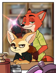 Rule 34 | 2boys, absurdres, anal, bottomless, camera, disney, finnick (zootopia), furry, furry male, highres, looking at viewer, male focus, male penetrated, mirror, multiple boys, nick wilde, phone, sex, size difference, smile, yaoi, zootopia