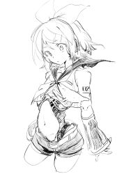 Rule 34 | 1girl, android, bare shoulders, black sleeves, bow, detached sleeves, greyscale, hair bow, hair ornament, hairclip, hatching (texture), headphones, headset, highres, joints, kagamine rin, linear hatching, mechanical parts, midriff, monochrome, mutomorokoshi, navel, number tattoo, ribs, robot girl, robot joints, sailor collar, shirt, shorts, shoulder tattoo, sketch, sleeveless, sleeveless shirt, solo, tattoo, vocaloid, white bow