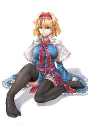 Rule 34 | 1girl, alice margatroid, aqua eyes, arm support, bad id, bad pixiv id, black thighhighs, blonde hair, blue dress, blue eyes, breasts, capelet, dress, female focus, frills, green eyes, grin, hair intakes, hairband, hip focus, huge breasts, large breasts, legs, mizuno (miznon35), no shoes, sash, scarf, shadow, short hair, simple background, sitting, smile, solo, thighhighs, thighs, touhou, wariza, white background, zettai ryouiki