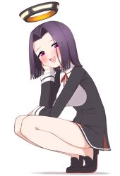 Rule 34 | 1girl, absurdres, black dress, black footwear, dress, full body, hair intakes, halo, hand on own face, highres, kantai collection, mechanical halo, purple hair, red eyes, short hair, simple background, smile, solo, squatting, tatsuta (kancolle), tiemu (man190), white background