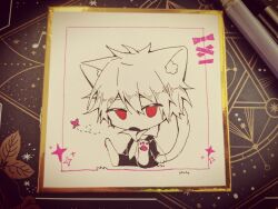 Rule 34 | 1boy, absurdres, animal ear fluff, animal ears, animal feet, art tools in frame, ballpoint pen (medium), cat boy, cat ears, cat tail, chibi, chibi only, chinese commentary, collared shirt, commentary request, greyscale, hair between eyes, highres, jacket, kemonomimi mode, male focus, monochrome, no nose, open clothes, open jacket, open mouth, pants, panyang, red eyes, saibou shinkyoku, shirt, short hair, sitting, solo, sparkle, spot color, tail, theodore riddle, traditional media