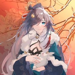 Rule 34 | 1girl, animal, blue eyes, china dress, chinese clothes, closed mouth, dress, fu hua, fu hua (azure empyrea), hair ornament, hair over one eye, highres, holding, holding animal, honkai (series), honkai impact 3rd, long hair, long sleeves, looking at viewer, rabbit, solo, tuuuze, white dress