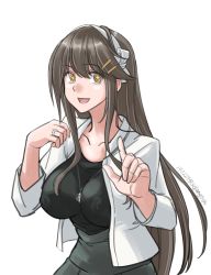 Rule 34 | + +, 1girl, :d, anchor necklace, black hair, black shirt, breasts, brown eyes, collarbone, covered erect nipples, dated, grey skirt, hair ornament, hairband, hairclip, haruna (kancolle), highres, impossible clothes, index finger raised, jacket, jewelry, kantai collection, large breasts, long hair, looking at viewer, necklace, open mouth, ring, shirt, simple background, skirt, smile, solo, sozan, twitter username, wedding band, white background, white hairband, white jacket