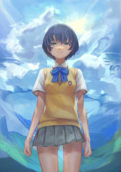 Rule 34 | 1girl, ano natsu de matteru, black hair, blue bow, blue bowtie, bob cut, bow, bowtie, closed mouth, collared shirt, crying, crying with eyes open, green eyes, grey skirt, highres, looking at viewer, miniskirt, pleated skirt, sayuumigi, school uniform, shirt, short hair, short sleeves, skirt, smile, solo, standing, straight hair, sweater, sweater vest, tanigawa kanna, tears, thigh gap, white shirt, wing collar, yellow sweater