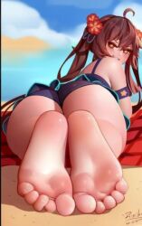 Rule 34 | 1girl, alternate ass size, alternate costume, ass, bare shoulders, barefoot, beach, blush, brown hair, clothes, come hither, feet, flower, flower-shaped pupils, foot focus, from behind, from below, genshin impact, hair flower, hair ornament, hu tao (genshin impact), long hair, looking at viewer, looking back, looking down, lying, naughty face, on stomach, one-piece swimsuit, red eyes, ririko (fhnngririko), shiny clothes, shiny skin, sky, smile, soles, solo, swimsuit, symbol-shaped pupils, thighs, toe scrunch, toenails, toes, twintails, very long hair