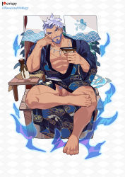 Rule 34 | 1boy, abs, absurdres, alternate costume, bara, beard, belt, bottle, chair, covered penis, crossed legs, crrispy shark, cup, dark-skinned male, dark skin, elbow rest, facial hair, facial scar, full body, happi, head on hand, head tilt, highres, holding, holding cup, japanese clothes, jewelry, kimono, large pectorals, leaning on object, logo, looking at viewer, male focus, male pubic hair, mature male, multicolored hair, muscular, muscular male, mustache, necklace, old, old man, open clothes, open kimono, paid reward available, patterned background, patterned clothing, pectoral cleavage, pectorals, pubic hair, purple eyes, purple hair, paid reward available, sakazuki, sake bottle, scar, scar on cheek, scar on chest, scar on face, short hair, sitting, smile, solo, sweat, sweatdrop, tan, thick arms, thick eyebrows, thick thighs, thighs, tooth necklace, two-tone hair, vyron (world flipper), wet, white hair, world flipper