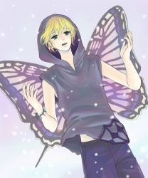 Rule 34 | 1boy, bad id, bad pixiv id, blonde hair, butterfly wings, casual, green eyes, insect wings, kagamine len, male focus, migikata no chou (vocaloid), promotions (meme), short hair, snow, solo, suji, suji^@^, vocaloid, wings