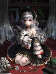Rule 34 | 1girl, absurdres, bad id, bad pixiv id, blood, blood from mouth, blood on clothes, book, bookshelf, bow, cross, curtains, detached collar, dress, fangs, flat chest, flower, frilled dress, frilled skirt, frilled sleeves, frills, hat, highres, lily (flower), lolita fashion, long hair, original, pointy ears, red eyes, silver hair, skirt, solo, stake, stuffed animal, stuffed rabbit, stuffed toy, top hat, vampire, very long hair, zonekiller10