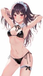 Rule 34 | 1girl, :o, armpits, arms behind head, arms up, bare arms, bare shoulders, bell, bikini, black bikini, black hair, black ribbon, breasts, bridal garter, commentary request, contrapposto, cowboy shot, detached collar, frills, groin, halterneck, hands in hair, highres, jingle bell, long hair, maid headdress, mayo (miyusa), medium breasts, mole, mole on breast, navel, neck ribbon, original, parted lips, red eyes, ribbon, side-tie bikini bottom, sidelocks, skindentation, solo, standing, stomach, strap gap, string bikini, swimsuit, thighs, wet