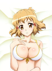 Rule 34 | 10s, 1girl, :o, absurdres, antenna hair, bare shoulders, bikini, blush, breasts, brown eyes, brown hair, cleavage, collarbone, female focus, front-tie bikini top, front-tie top, hair ornament, hairclip, hand on own chest, highres, large breasts, looking at viewer, lying, on back, parted lips, senki zesshou symphogear, short hair, solo, swimsuit, tachibana hibiki (symphogear), upper body