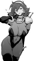 Rule 34 | 1girl, arm behind head, armor, black gloves, black leotard, black thighhighs, bracer, breasts, cleavage, covered erect nipples, covered navel, curvy, earrings, elbow gloves, flipped hair, g gundam, gloves, gluteal fold, greyscale, gundam, hairband, half-closed eye, head tilt, heart, highres, jewelry, large breasts, leotard, messatsu tan, mobile trace suit, monochrome, neck ring, one eye closed, parted lips, pauldrons, pilot suit, rain mikamura, seductive smile, short hair, shoulder armor, simple background, skin tight, smile, solo, sphere earrings, thick thighs, thighhighs, thighs, white background