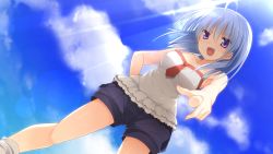 Rule 34 | 1girl, ahoge, artist request, blue eyes, blue hair, cloud, female focus, game cg, highres, imouto no katachi, matching hair/eyes, meta (imouto no katachi), pointing, shorts, sky, socks, solo, orb, white hair