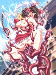 Rule 34 | 1girl, ahegao, armpits, ascot, bare shoulders, blouse, blush, bow, breasts, brown eyes, brown hair, censored, clothes lift, commentary request, detached sleeves, forced orgasm, full body, gohei, hair bow, hair tubes, hakurei reimu, holding, holding gohei, long hair, medium breasts, mosaic censoring, nipples, no panties, nontraditional miko, nose blush, ootsuki wataru, open clothes, open shirt, orgasm, pussy, red ribbon, red shirt, red skirt, restrained, ribbon, ribbon-trimmed sleeves, ribbon trim, saliva, shide, shirt, skindentation, skirt, skirt lift, sleeveless, sleeveless shirt, slime (substance), socks, solo, spread legs, stationary restraints, stomach, tentacle sex, tentacles, thighs, tongue, tongue out, touhou, vaginal, white sleeves, white socks, yellow ascot