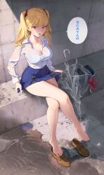 Rule 34 | 1girl, absurdres, ahoge, bare legs, barefoot, blonde hair, blue bra, blue skirt, bra, bra visible through clothes, breasts, brown footwear, cleavage, collarbone, collared shirt, commentary request, concrete, crossed legs, full body, hair ribbon, highres, holding, holding clothes, holding skirt, large breasts, loafers, looking at viewer, medium hair, miniskirt, nijisanji, open mouth, puddle, red eyes, red ribbon, ribbon, see-through, see-through shirt, shirt, shoes, sidelocks, sitting, skirt, solo, speech bubble, swept bangs, takamiya rion, takamiya rion (7th costume), translation request, twintails, umbrella, underwear, unworn footwear, virtual youtuber, wada (zes16), wet, wet clothes, wet shirt, white shirt