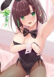 Rule 34 | 1girl, animal ears, arm up, armpits, black bow, black bowtie, black hairband, black leotard, blurry, blurry background, blush, bow, bowtie, breasts, brown hair, cleavage, collar, commentary request, covered navel, depth of field, detached collar, fishnet pantyhose, fishnets, green eyes, green hair, groin, hairband, highres, leotard, looking at viewer, lower teeth only, medium breasts, multicolored hair, open mouth, original, pantyhose, playboy bunny, rabbit ears, segaxtu, sitting, solo, streaked hair, teeth, white collar, white wrist cuffs, wing collar, wrist cuffs