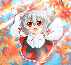 Rule 34 | 1girl, :3, ahoge, animal ears, autumn, bad id, bad pixiv id, blush, chibi, detached sleeves, fang, female focus, hat, hat ribbon, inubashiri momiji, kokujuuji, leaf, maple leaf, open mouth, outstretched arms, red eyes, ribbon, shirt, short hair, silver hair, skirt, smile, solo, tokin hat, touhou, wolf ears