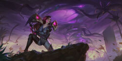 Rule 34 | 1girl, armor, bodysuit, breasts, building, cleavage, clenched hands, closed mouth, cloud, collarbone, dark clouds, detached wings, facial mark, feet out of frame, fighting, fighting stance, floating hair, forehead mark, forehead tattoo, highres, kai&#039;sa, kudos3d, league of legends, legends of runeterra, light, lightning, long hair, looking up, magic, medium breasts, official art, on one knee, outdoors, plunging neckline, purple bodysuit, purple eyes, purple hair, purple lips, red lips, serious, shoulder armor, skin tight, sky, solo, tattoo, thighs, tornado, tree, wind, wings