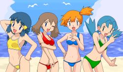 Rule 34 | 4girls, beach, bikini, blue bikini, blue hair, brown hair, creatures (company), dawn (pokemon), day, game freak, green bikini, gym leader, hair between eyes, half updo, hand on own hip, highleg, highleg bikini, kuro hopper, lowleg, lowleg bikini, marina (pokemon), may (pokemon), misty (pokemon), multiple girls, nintendo, oekaki, one eye closed, orange hair, outdoors, parted bangs, pokemon, pokemon (anime), pokemon (classic anime), red bikini, side ponytail, swimsuit, tankini, wink, yellow bikini