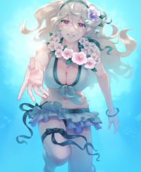 Rule 34 | 1girl, bikini, black hairband, blonde hair, breasts, cleavage, corrin (female) (fire emblem), corrin (female) (summer) (fire emblem), corrin (fire emblem), d0o00o0b, fire emblem, fire emblem fates, fire emblem heroes, flower, hair flower, hair ornament, hairband, large breasts, long hair, nintendo, official alternate costume, red eyes, slit pupils, solo, swimsuit, thigh strap, wreath