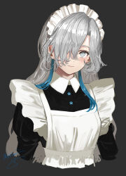 Rule 34 | 1girl, alternate costume, apron, black background, black dress, blue hair, blush, closed mouth, collared dress, cropped torso, dress, enmaided, expressionless, grey eyes, grey hair, hair over one eye, highres, isekai joucho, isshiki (ffmania7), kamitsubaki studio, long bangs, looking at viewer, maid, maid apron, maid headdress, multicolored hair, one eye covered, signature, simple background, solo, streaked hair, upper body, virtual youtuber, white apron