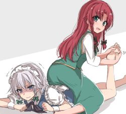 Rule 34 | 2girls, :d, asa (coco), barefoot, blue dress, blue eyes, braid, colored eyelashes, dress, feet, from behind, green eyes, hair between eyes, hair ribbon, hand on feet, hands on feet, hong meiling, izayoi sakuya, long hair, looking at another, lying, maid headdress, massage, multiple girls, no headwear, no headwear, on stomach, open mouth, puffy short sleeves, puffy sleeves, red hair, ribbon, shaded face, shirt, short hair, short sleeves, side slit, silver hair, sitting, sitting on person, skirt, skirt set, smile, soles, straddling, sweat, toes, touhou, trembling, tress ribbon, twin braids, wavy mouth, white shirt