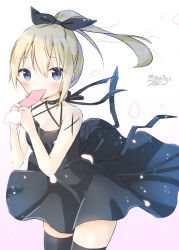 Rule 34 | 1girl, alternate hairstyle, bare arms, bare shoulders, black dress, black ribbon, black thighhighs, blonde hair, blue eyes, blush, covered mouth, criss-cross halter, dress, gradient background, hair between eyes, hair ribbon, hair up, halterneck, high ponytail, highres, holding, long hair, looking at viewer, original, petals, pink background, ponytail, ribbon, signature, simple background, sleeveless, sleeveless dress, solo, standing, tanzaku, thighhighs, tia-chan, uchuuneko, white background