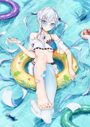 Rule 34 | 1girl, absurdres, another project, barefoot, bikini, breasts, head tilt, highres, innertube, long hair, looking at viewer, medium breasts, microphone, official alternate costume, rola (vtuber), silver hair, sitting, skirt, smile, soles, solo, sunglasses, swim ring, swimsuit, twintails, very long hair, virtual youtuber, water, white bikini, white skirt, xianxiangguan coffee