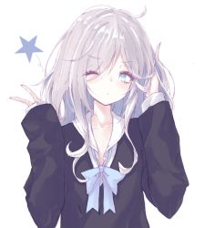 Rule 34 | 1girl, black shirt, blue bow, blue eyes, blush, bow, buran (kure), closed mouth, collarbone, collared shirt, dress shirt, grey hair, hair over one eye, hand in own hair, hands up, head tilt, highres, long hair, long sleeves, one eye closed, original, shirt, simple background, sleeves past wrists, solo, star (symbol), upper body, white background, white shirt