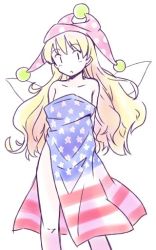 Rule 34 | 1girl, american flag, arms behind back, bare shoulders, blonde hair, clownpiece, commentary request, covering privates, fairy wings, feet out of frame, hat, jester cap, long hair, looking at viewer, nude cover, polka dot headwear, purple hat, rangycrow, simple background, solo, touhou, white background, wings