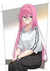 Rule 34 | 1girl, black pants, blue eyes, bocchi the rock!, border, bracelet, closed mouth, commentary, gotoh hitori, highres, hood, hoodie, invisible chair, jewelry, kanaria hisagi, long hair, looking at viewer, outside border, pants, pink hair, round eyewear, sitting, solo, white border, white hoodie