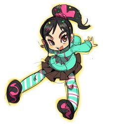 Rule 34 | 1girl, black hair, blush stickers, brown eyes, commentary request, eyebrows, hood, hoodie, looking at viewer, pantyhose, ponytail, same (g shark), sitting, skirt, solo, striped clothes, striped legwear, striped pantyhose, thick eyebrows, vanellope von schweetz, wreck-it ralph