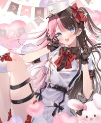 Rule 34 | absurdres, balloon, belt, black belt, black hair, blue eyes, blush, bow, dress, gloves, hair bow, heart balloon, highres, jimuso, lace, lace gloves, long hair, multicolored hair, open mouth, pink hair, red bow, smile, split-color hair, tachibana hinano (vtuber), thigh strap, two-tone hair, two side up, virtual youtuber, vspo!, white dress, white headwear