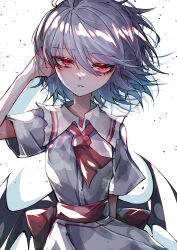 Rule 34 | 1girl, 33 gaff, absurdres, ascot, bat wings, commentary, grey hair, highres, looking at viewer, open mouth, red ascot, red eyes, remilia scarlet, shirt, short hair, short sleeves, simple background, solo, touhou, white background, white shirt, wings