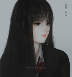 Rule 34 | 1girl, aoi ogata, artist name, black eyes, black hair, black jacket, bow, closed mouth, collared shirt, diagonal stripes, eyebrows hidden by hair, grey background, highres, jacket, junji ito (series), kawakami tomie, long hair, looking away, looking to the side, mole, mole under eye, red bow, resolution mismatch, shirt, solo, source smaller, striped, striped bow, tomie, translation request, upper body, white shirt