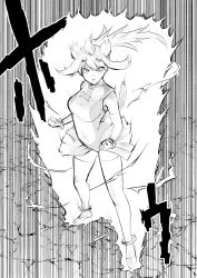 Rule 34 | 1girl, aura, bad feet, breasts, energy, english text, high ponytail, leotard, long hair, looking at viewer, medium breasts, monochrome, ponytail, simple background, solo, souryu, sun wukong, tagme, thighhighs