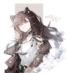 Rule 34 | 1girl, animal ears, arknights, black collar, brown hair, brown jacket, collar, dated, earclip, hair between eyes, highres, jacket, luan teng, lunacub (arknights), off shoulder, open clothes, open jacket, shirt, signature, simple background, solo, upper body, white background, white shirt, wolf ears, wolf girl, yellow eyes