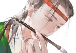 Rule 34 | 1boy, black hair, brown hair, chinese clothes, eyelashes, fingernails, green robe, hair over one eye, hair pulled back, hand up, hanfu, headband, holding, holding paintbrush, long hair, looking away, looking down, male focus, jiangnan baijingtu, paintbrush, parted lips, portrait, robe, shen zhou, shuaigegentou, simple background, solo, thinking, white background