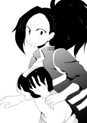 Rule 34 | 10s, 2girls, blush, boku no hero academia, breasts, cleavage, collarbone, disembodied hand, grabbing, grabbing another&#039;s breast, grabbing from behind, greyscale, groin, gym uniform, large breasts, long hair, monochrome, multiple girls, namaire, navel, open clothes, ponytail, shigaraki tomura, simple background, solo focus, white background, yaoyorozu momo